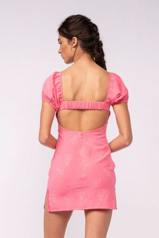 Delilah Pink Puff Sleeve Bustier Mini Dress open back view | Boho Pink