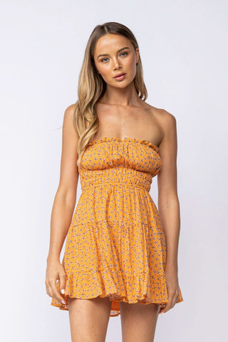Sarah Orange Floral Strapless Mini Dress - Front View