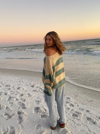 Poppy Beige and Sage Striped Oversized Puff Sleeve Sweater - Side View