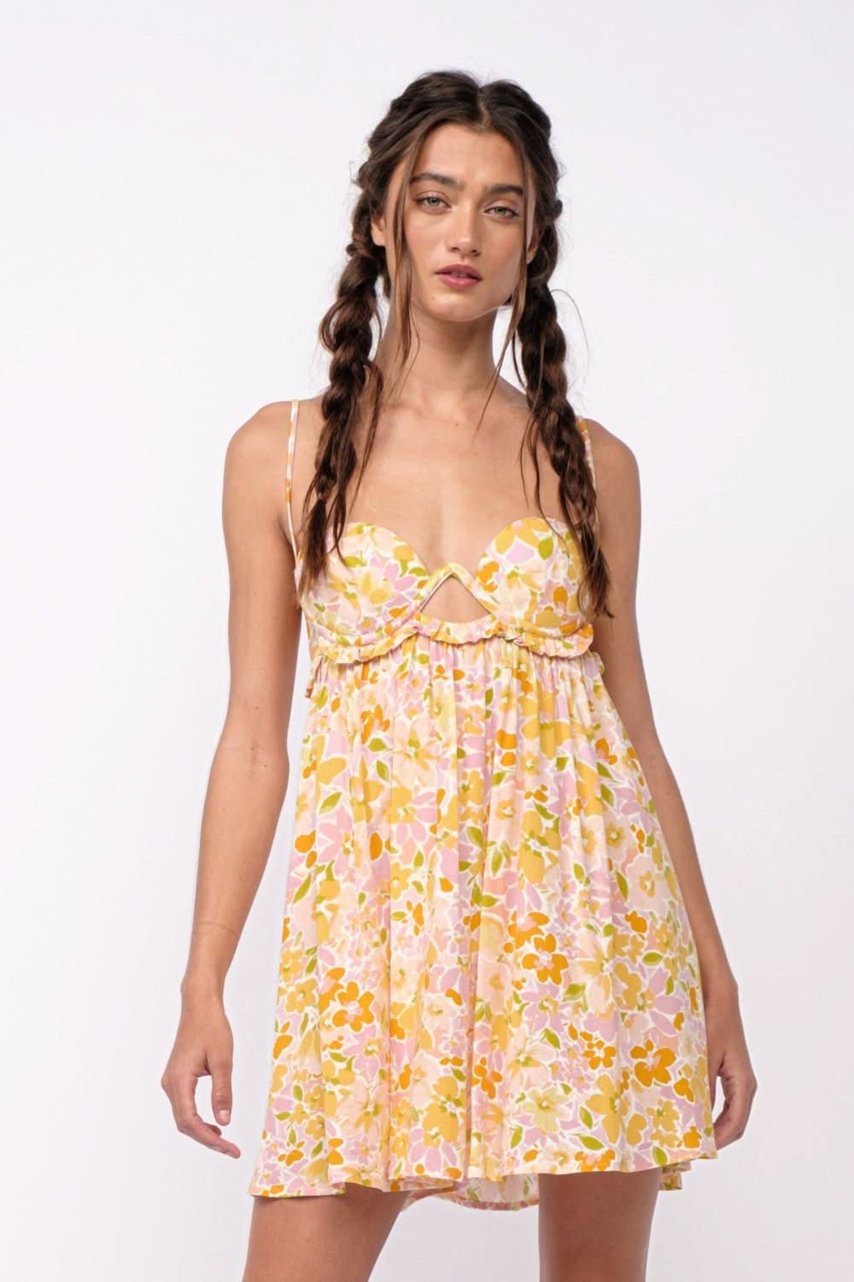 Drew Peach Floral Babydoll Cami Mini Dress - Size L- Sky To Moon - Summer - Dress - Babydoll - Short - Floral - Bustier - Bralette - Corset