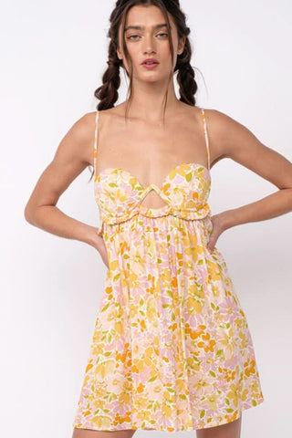 Drew Peach Floral Babydoll Cami Mini Dress - Bustier Babydoll Dress - Close-Up View