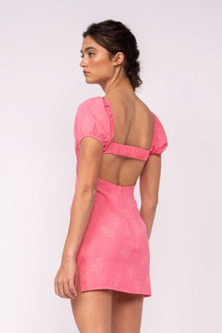 Delilah Pink Puff Sleeve Bustier Mini Dress open back angle view | Boho Pink