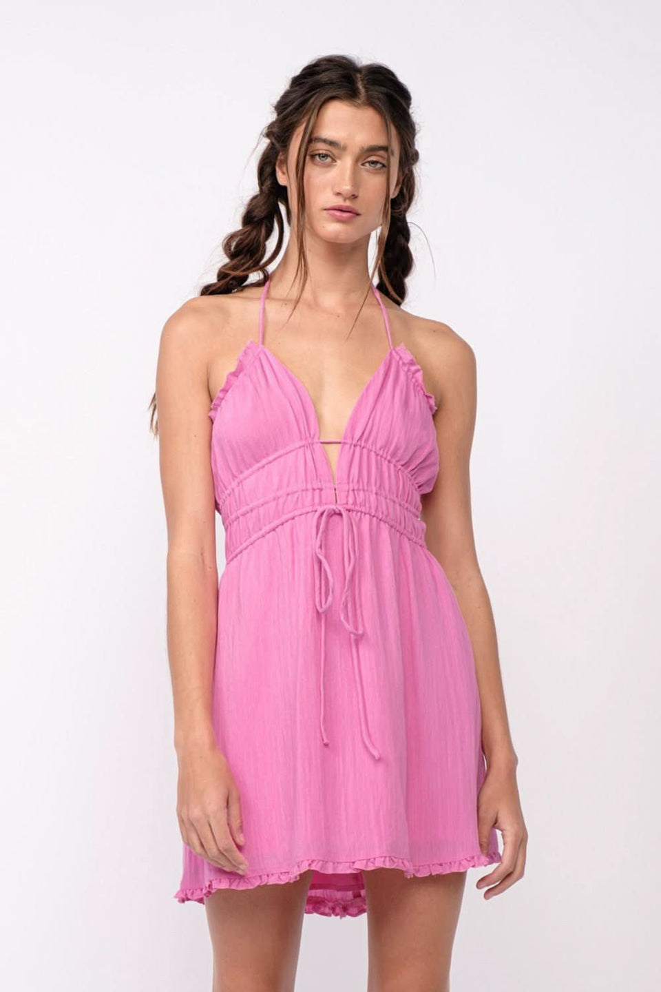 Sky to Moon Kristen Pink Halter Mini Dress - Size L - Cutout Tie Bodice, Plunging V-Neck, Strappy Open Back Sky to Moon Kristen Pink Halter Mini Dress - Size L - Cutout Tie Bodice, Plunging V-Neck, Strappy Open Back