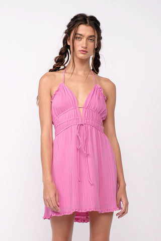 Front view of Kristen Pink Halter Mini Dress with plunging neckline 