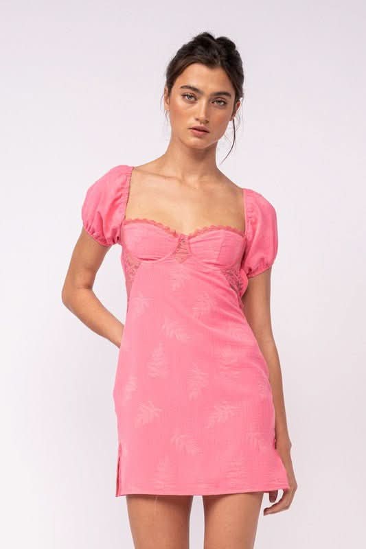 Delilah Pink Puff Sleeve Bustier Dress - Size L - Sweetheart Neckline, Lace Detailing, Open Back - Spring/Summer Mini Dress Delilah Pink Puff Sleeve Bustier Dress - Size L - Sweetheart Neckline, Lace Detailing, Open Back - Spring/Summer Mini Dress