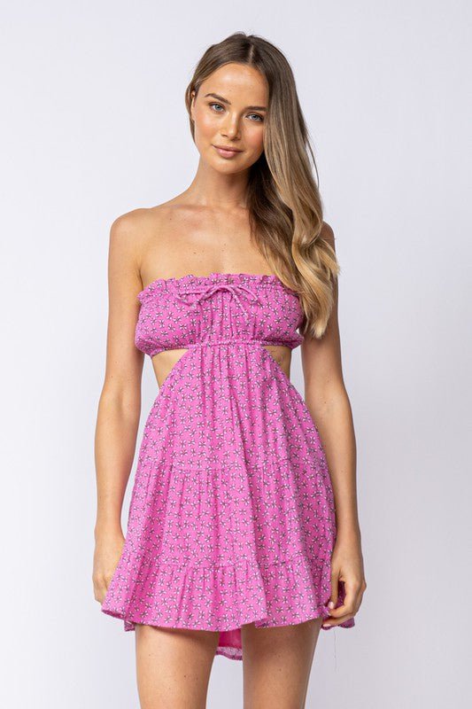 Pink Strapless Cutout Waist Dress