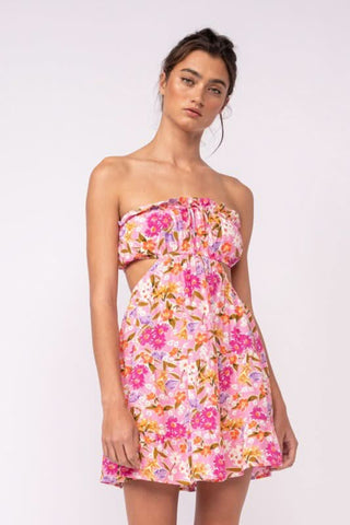 Pink Daisy Print Babydoll Mini Dress with Side Cutouts - Detail View