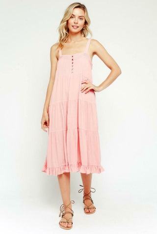 Melina Pink Tiered Midi Tank Dress - Sundress - Front View