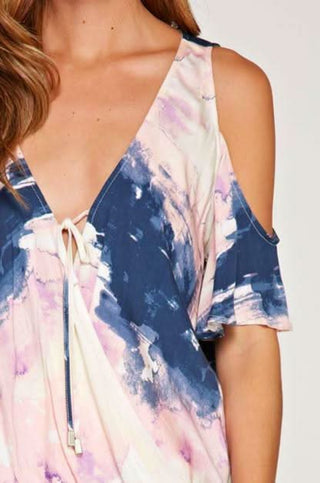 Pink tie-dye cold shoulder wrap top - romantic boho style blouse for women
