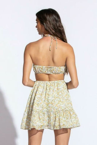 Jasmine Yellow Floral Halter Cutout Mini Dress - Back