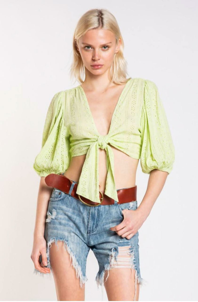 Robin Lime Eyelet Tie-Front Crop Top with puff sleeves