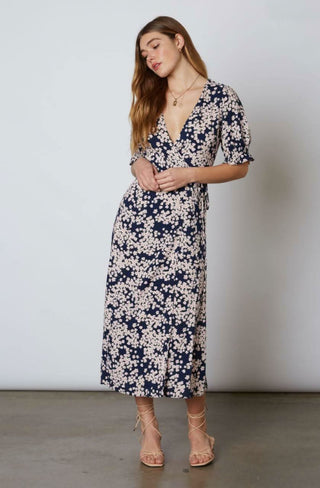 Daisy Blooms Navy Floral Print Wrap Midi Dress - Front View
