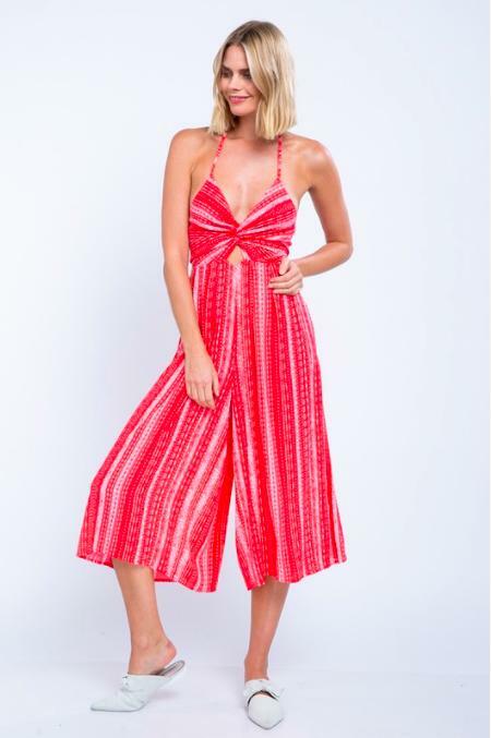 Red Boho Print Short Halter Jumpsuit