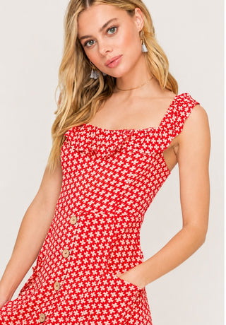 Kristen Red and Cream Print Button Front Midi Dress - Close-Up