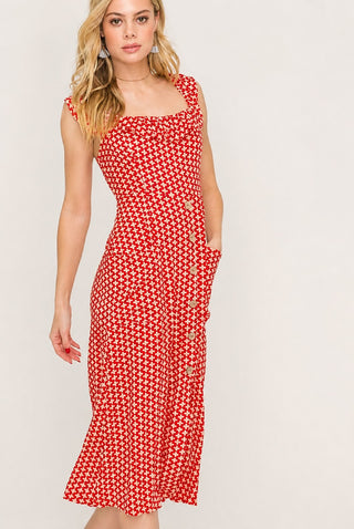 Kristen Red and Cream Print Button Front Midi Dress - Side Angle View
