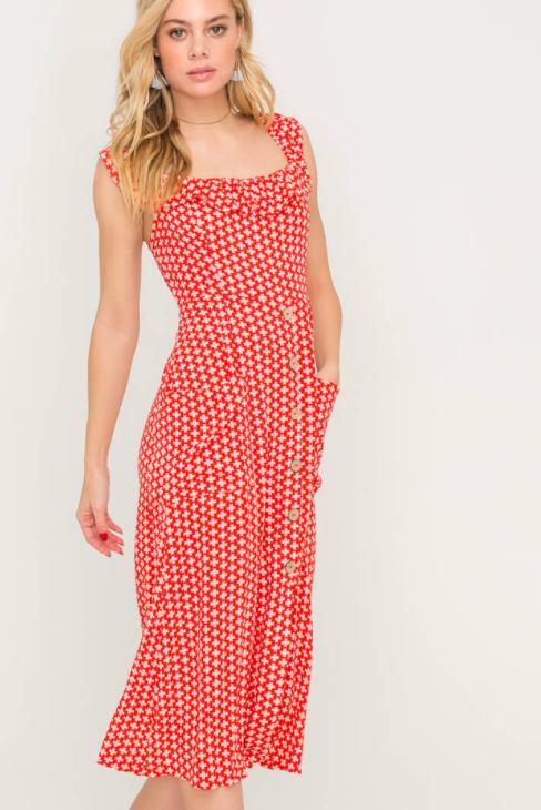 Red Boho Print Midi Dresses