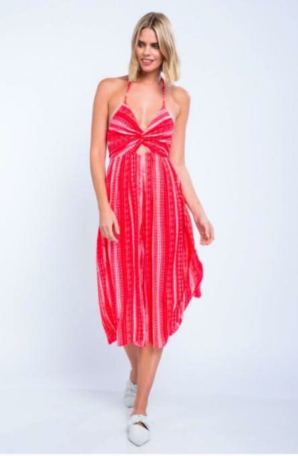 red and white boho print culotte jumpsuit front view