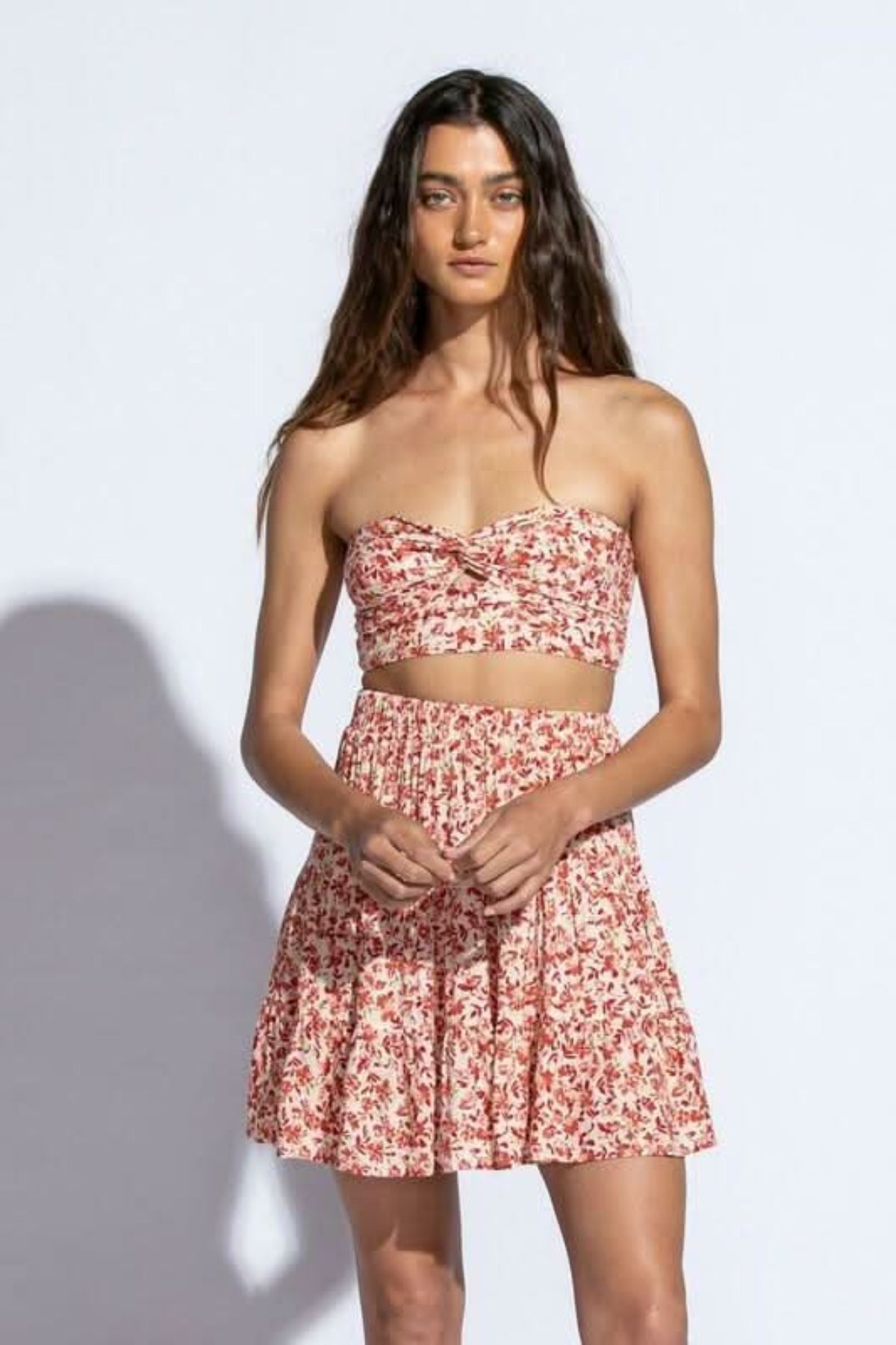 Sky To Moon Red Floral Two-Piece Set - Rebecca Tube Top & Tiered Mini Skirt