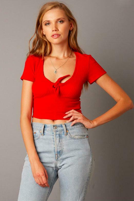 Red Short Sleeve Crop Top 