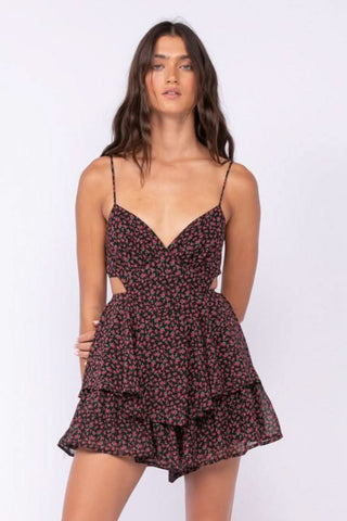 Aristea Black and Red Floral Cutout Romper Dress front close-up view | Boho Pink