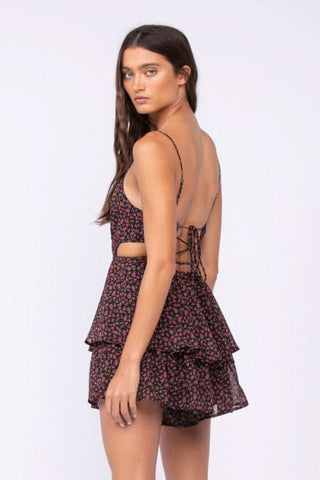 Aristea Black and Red Floral Cutout Romper Dress side cutout detail view | Boho Pink
