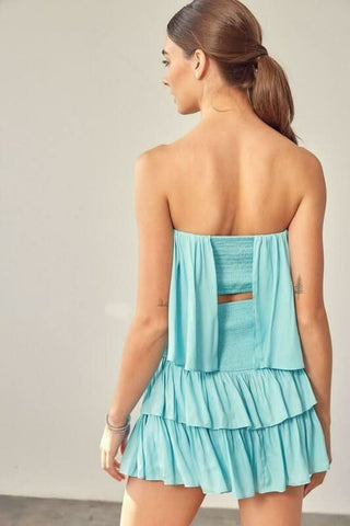 Milky blue strapless romper back view with tiered ruffles