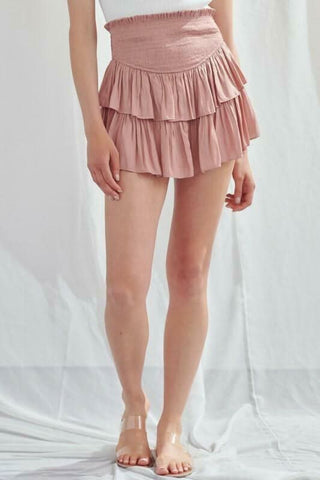 Rosette ruffle skort with smocked waist and tiered mini skirt