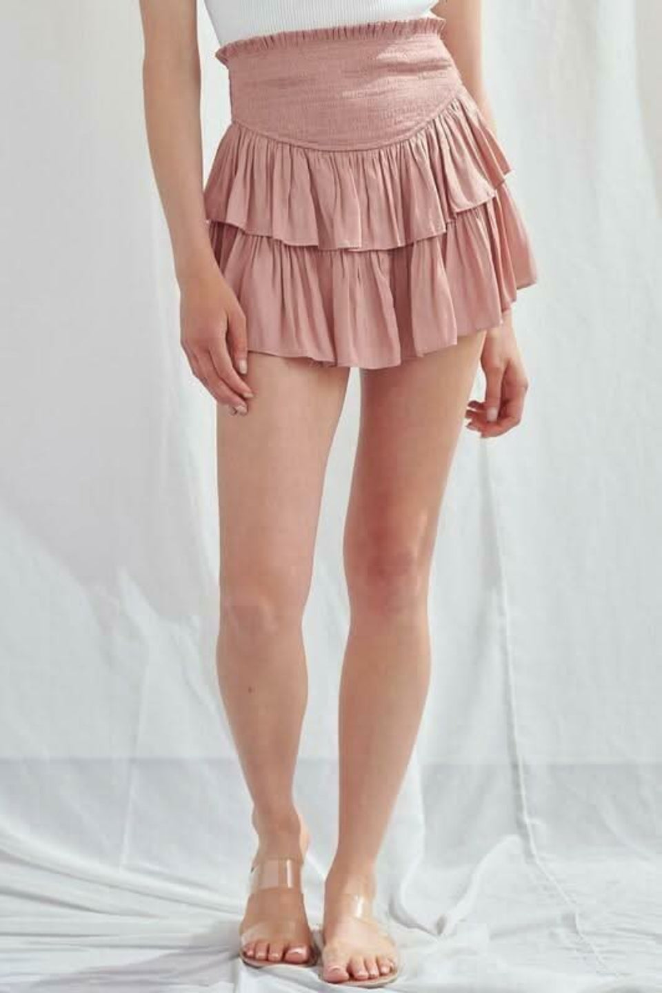 Rosette ruffle skort with smocked waist and tiered mini skirt