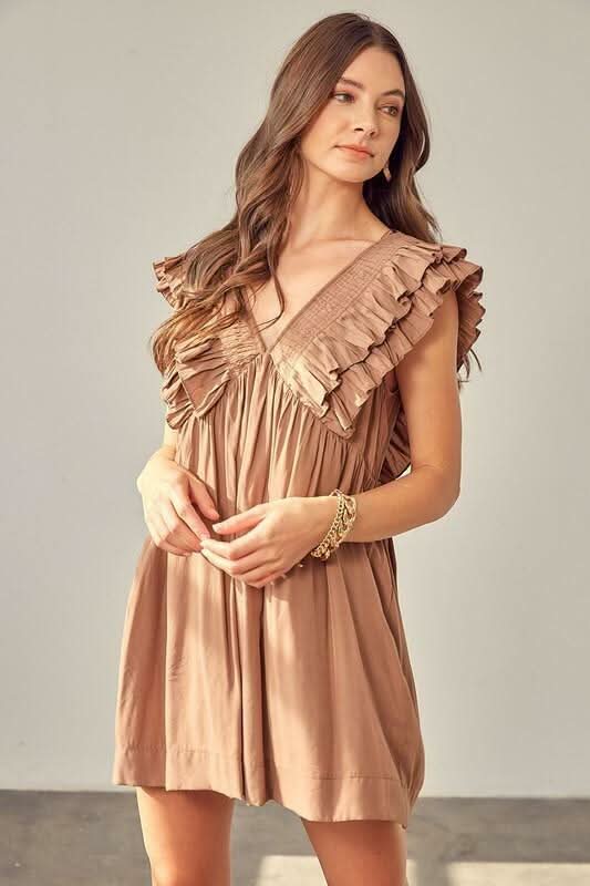 Mustard Seed Kat Latte Ruffle Romper Dress - Size M - Pleated Ruffle Sleeves, V-Neck, Mini Hem, Hidden Pockets Mustard Seed Kat Latte Ruffle Romper Dress - Size M - Pleated Ruffle Sleeves, V-Neck, Mini Hem, Hidden Pockets