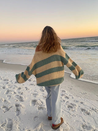 Poppy Beige and Sage Striped Oversized Sweater - Back View