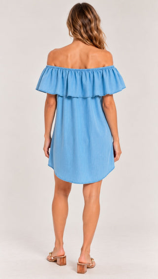 Close-up of the soft 100% Lyocell chambray fabric and ruffle overlay detail