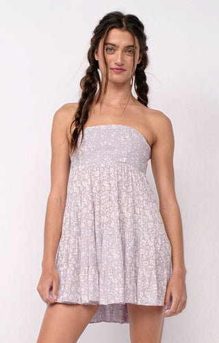 Avery Lavender Floral Print Strapless Mini Dress from our short floral dresses