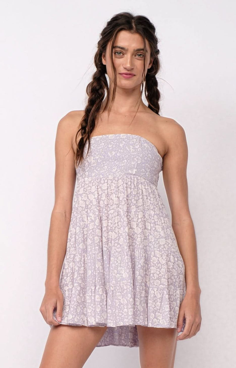 Avery Lavender Floral Print Strapless Mini Dress from our short floral dresses