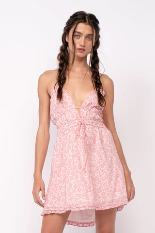 Pink floral open back halter mini dress with plunging neckline