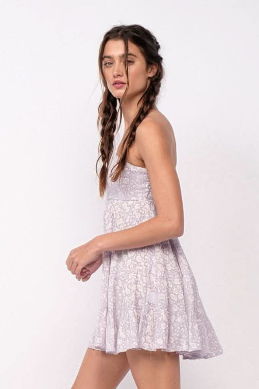 Avery Lavender Floral Print Strapless Mini Dress from our short floral dresses