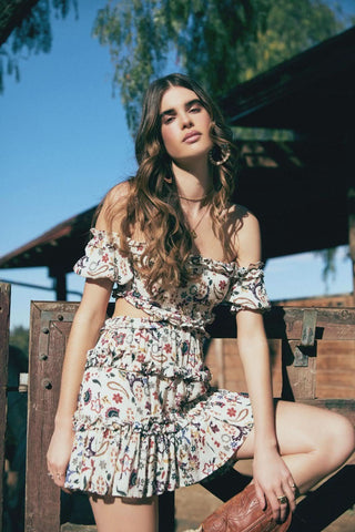 Maya Ivory Floral Off-the-Shoulder Mini Dress styled with cowgirl boots