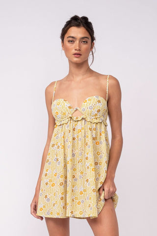 Olive yellow floral babydoll cami mini dress with cutout bodice