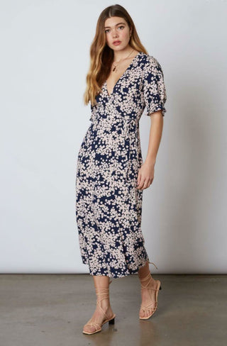 Daisy Blooms Navy Floral Print Wrap Midi Dress - Outfit View
