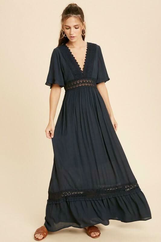 Navy Dress - Crochet Short Sleeve Maxi Dress | Boho Pink Navy Dress - Crochet Short Sleeve Maxi Dress | Boho Pink