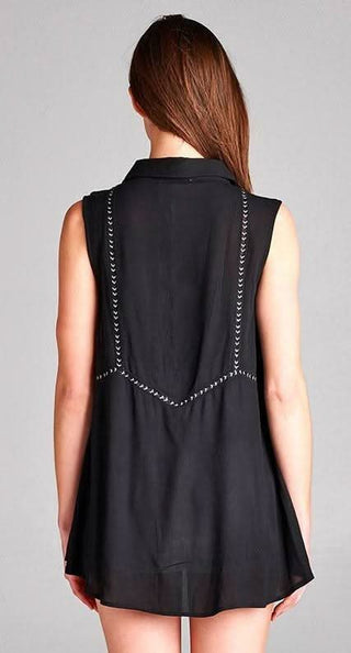 Heather Black Button Front Sleeveless Collared Shirt - Back View