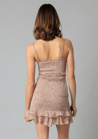 Rhea Taupe Floral Print Smocked Ruffle Mini Dress back view
