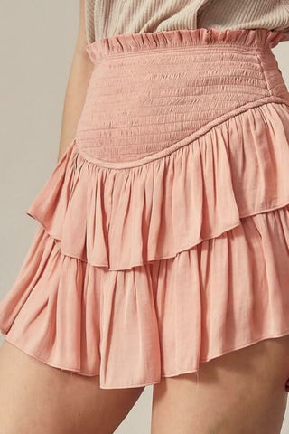 flowy coral mini skirt skort outfit