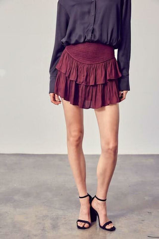 Ox blood red ruffle skort with smocked waist and tiered mini skirt