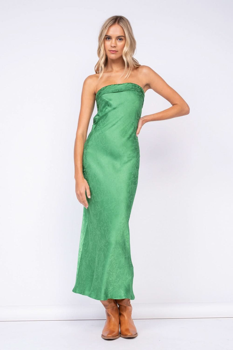 Green Strapless Floral Satin Maxi Dress | Boho Pink Green Strapless Floral Satin Maxi Dress | Boho Pink