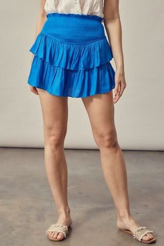 blue ruffle skort smocked waist tiered mini skirt front view