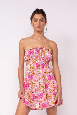 Rachel Pink Daisy Print Strapless Mini Dress - Front View