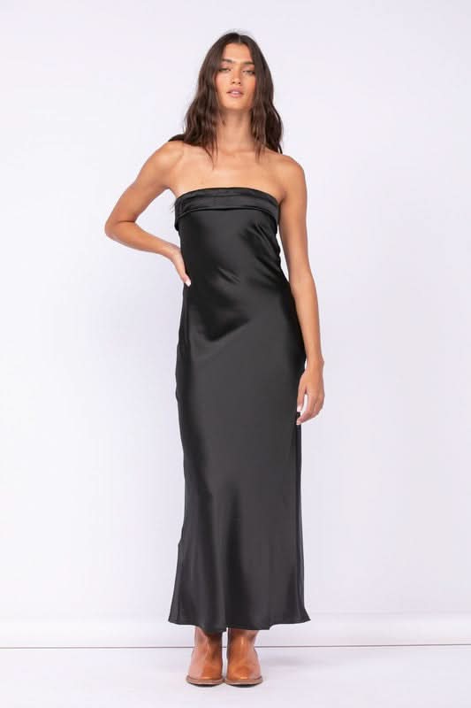 satin strapless maxi dress Black Satin Strapless Cowl Back Maxi Dress
