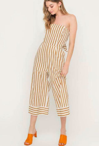 Molly Tan Striped Strapless Midi Jumpsuit - Front View