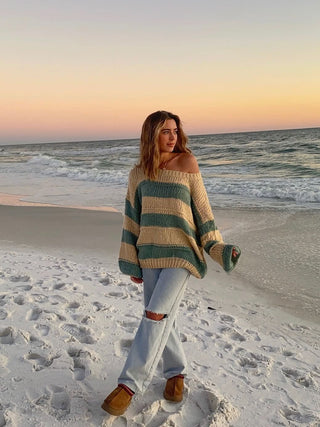Poppy Beige and Sage Striped Oversized Sweater Styled Off Shoulder