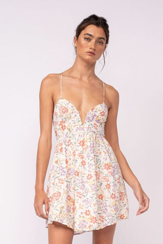 Lucia white floral corset cami mini dress with plunging neckline - front view
